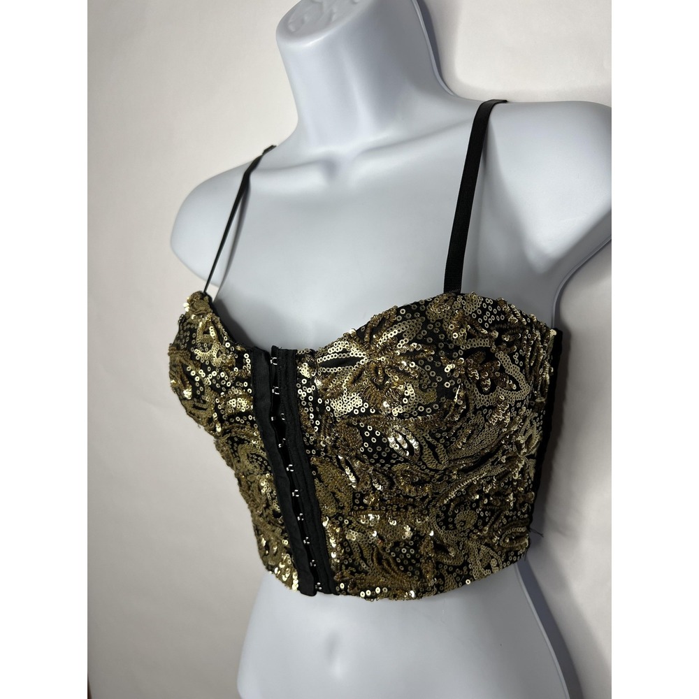 Arden B Corset Top Womens Small Gold Sequin Floral Mesh Bustier Crop Strappy Y2K